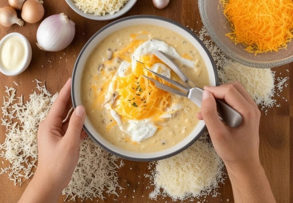 A bowl with cream of mushroom soup, shredded cheddar cheese, mayonnaise, onion, egg, and garlic powder
