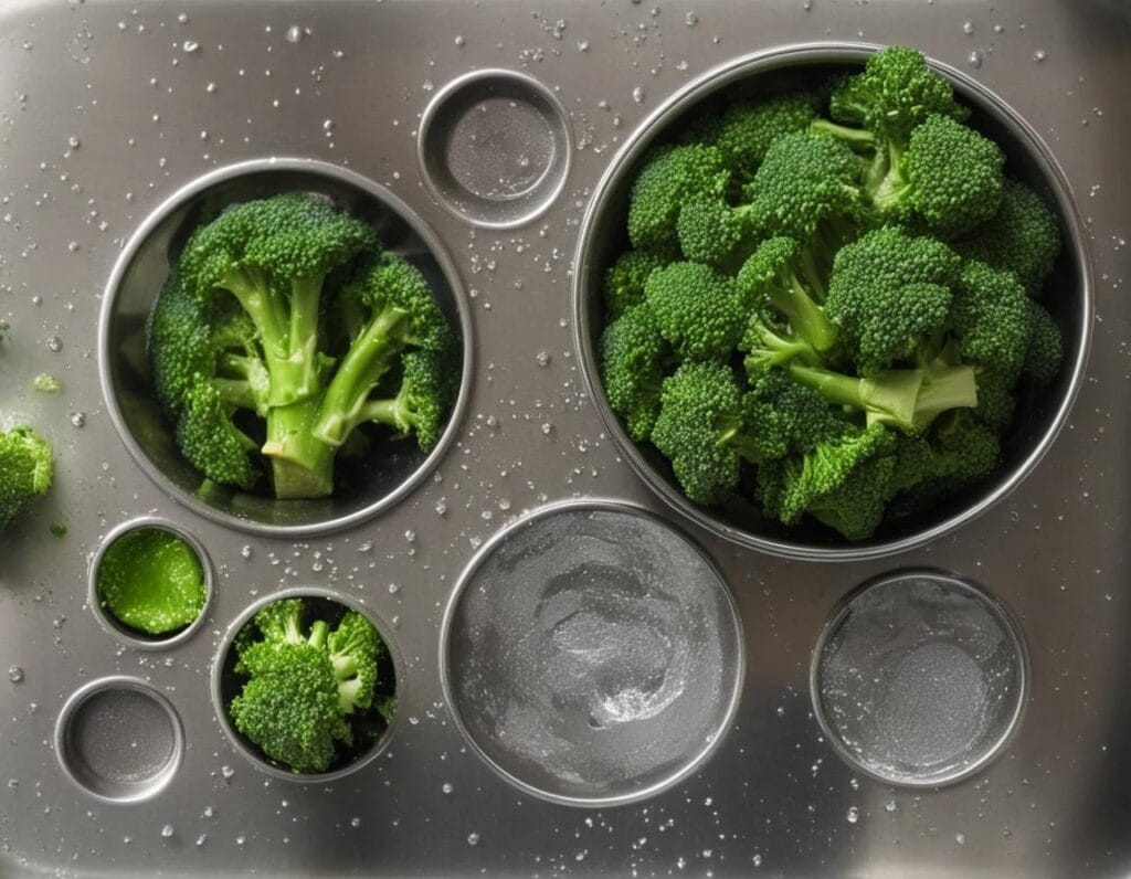 Fresh broccoli florets being washed and cut.