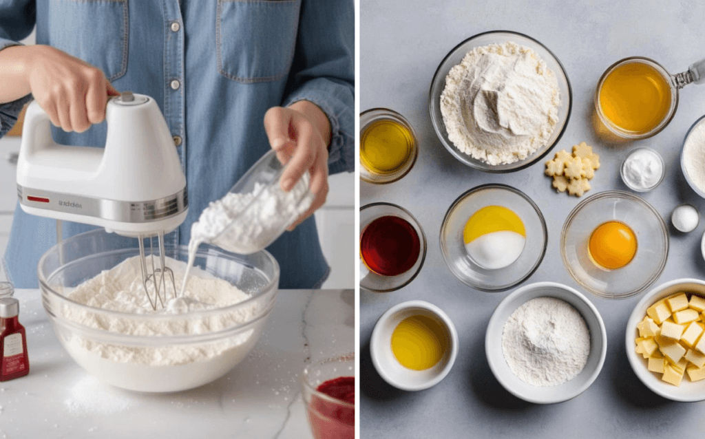 ngredients for Buttery Spritz Cookies laid out on a counter: butter, sugar, egg, vanilla extract, flour, and salt