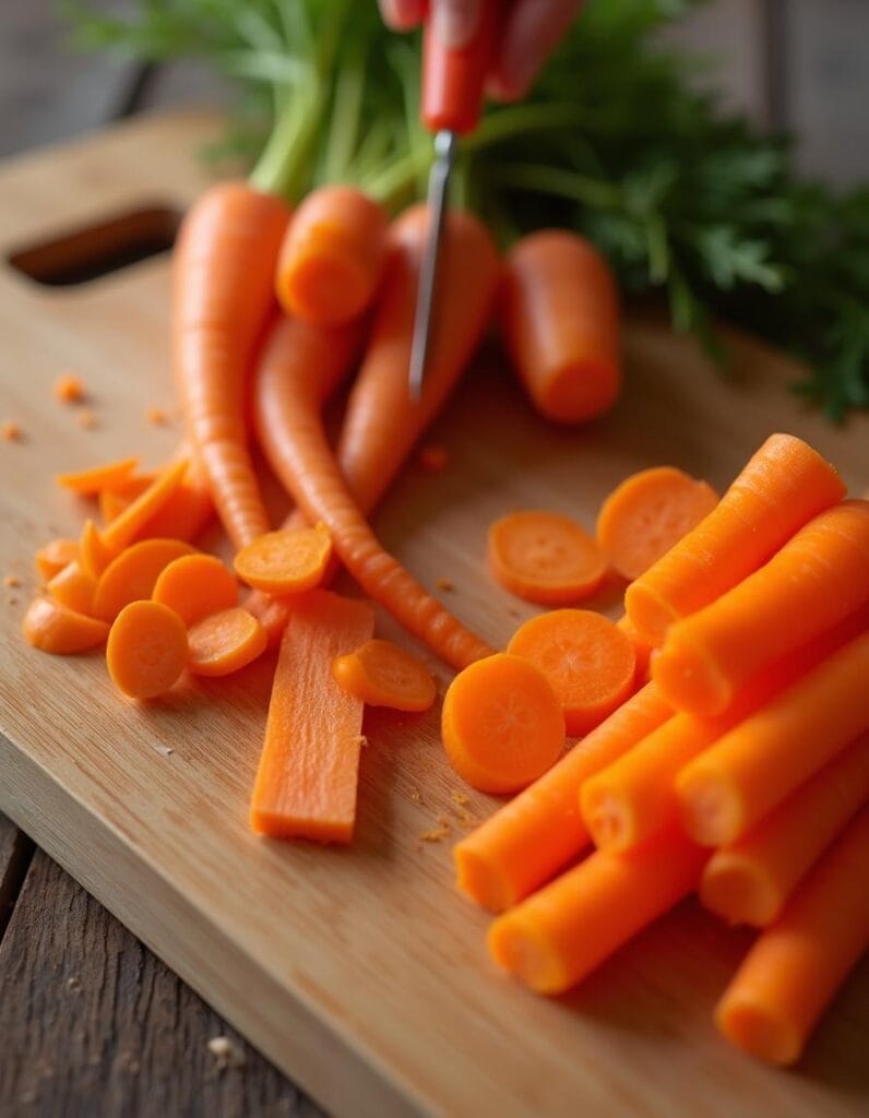 Carrots being peeled and cut into sticks or rounds.
