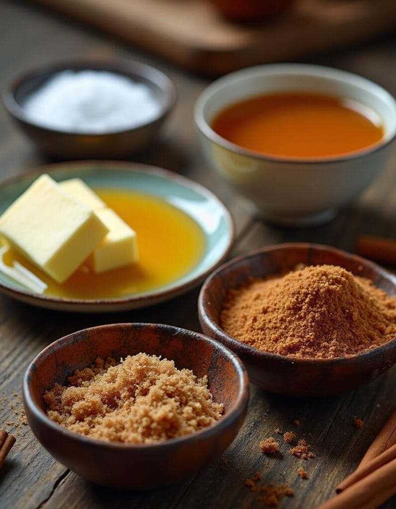 Ingredients for the glaze: butter, maple syrup, brown sugar, salt, pepper, and cinnamon.