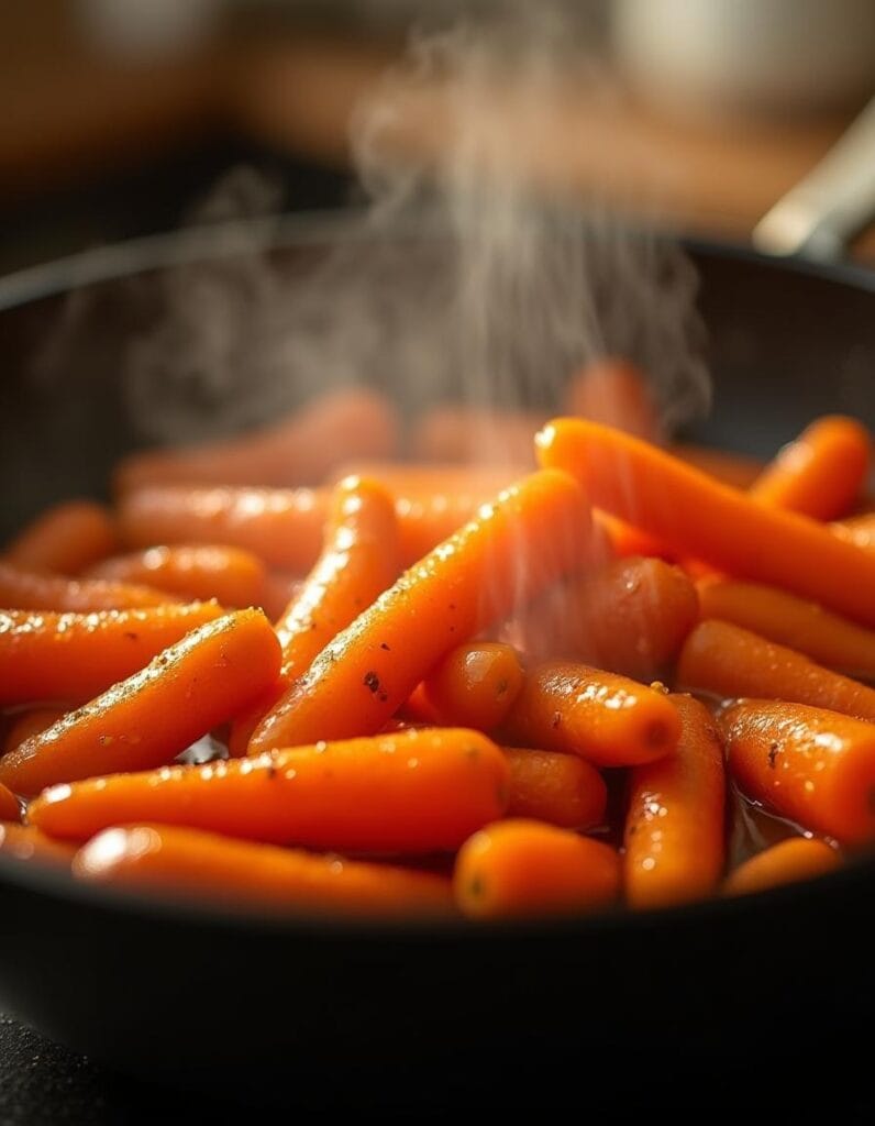 Cooked carrots being tossed in the maple glaze in a skillet.