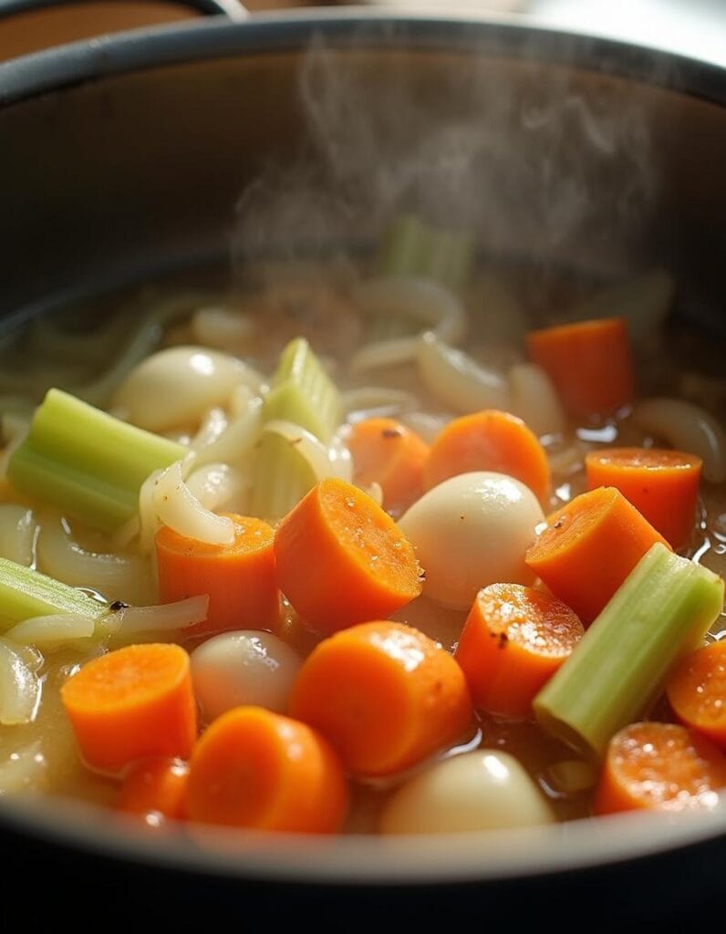Chopped onions, garlic, carrots, and celery being sautéed in a pot with olive oil.