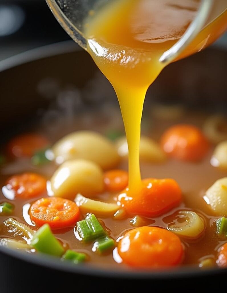 Chicken broth being poured into the pot with the sautéed vegetables.