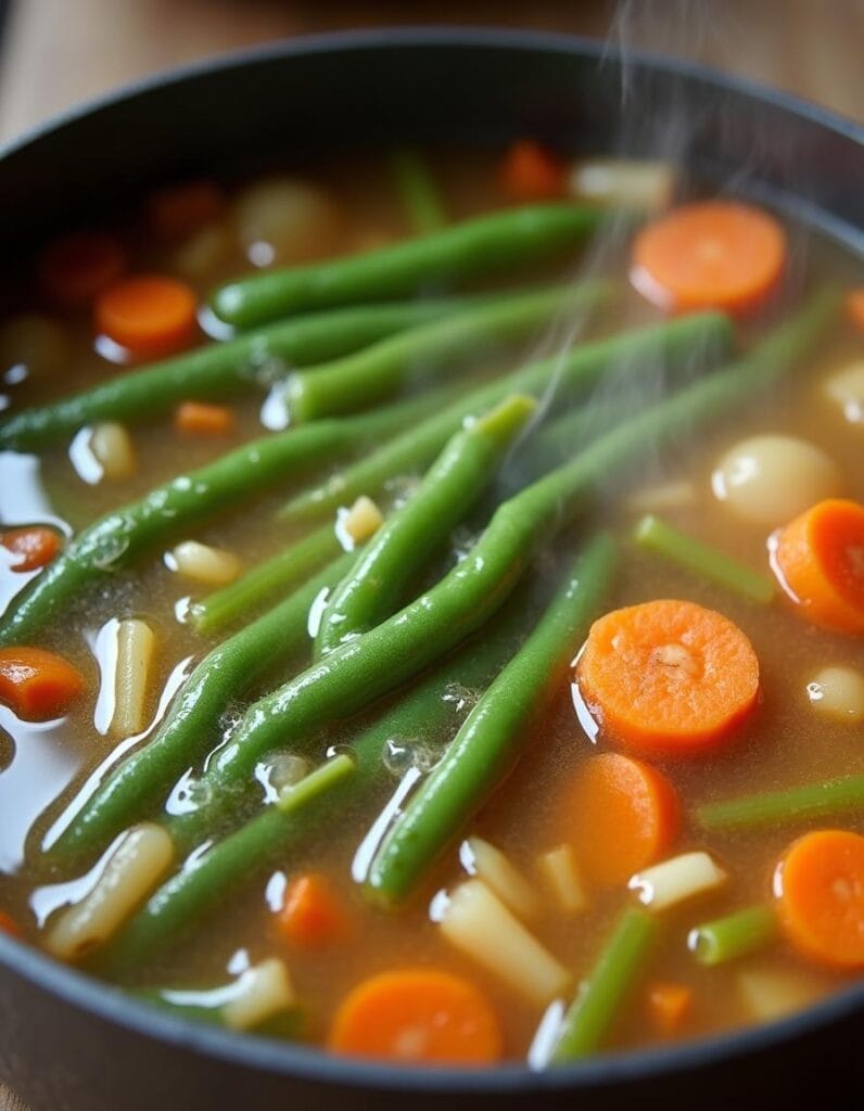 The soup simmering in the pot with green beans and other vegetables.