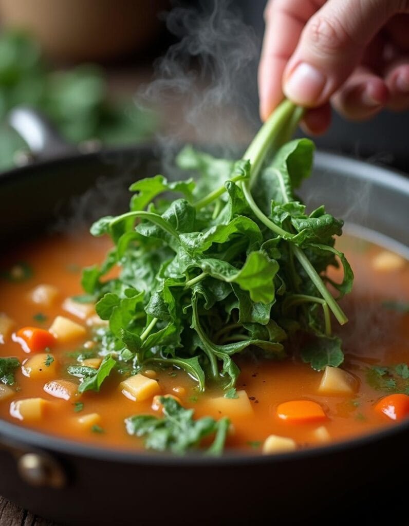 Fresh spinach or kale being added to the soup.