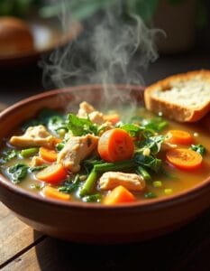 freepik__candid-image-photography-natural-textures-highly-r__25182 A bowl of Chicken Vegetable Soup with a side of crusty bread.