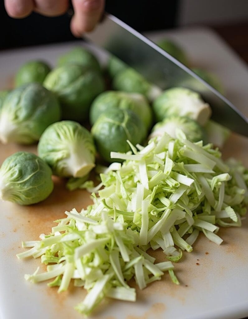 Brussels sprouts being trimmed and thinly sliced.