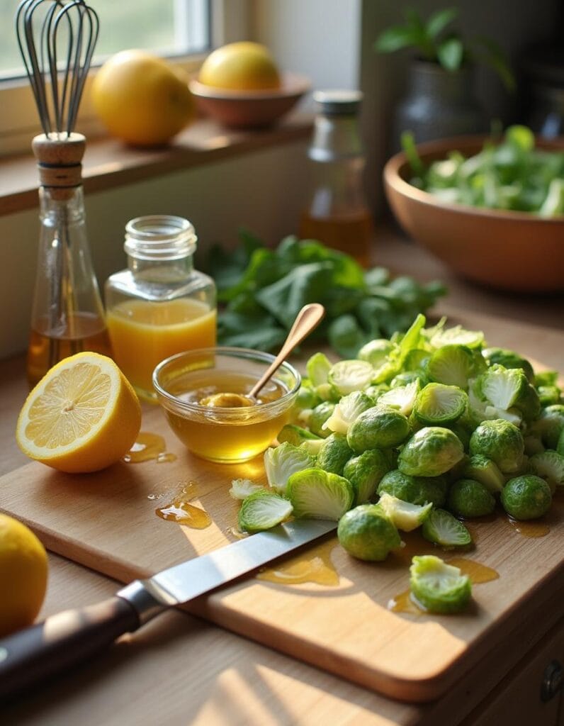 Ingredients for the dressing: olive oil, lemon juice, Dijon mustard, honey, salt, and pepper.