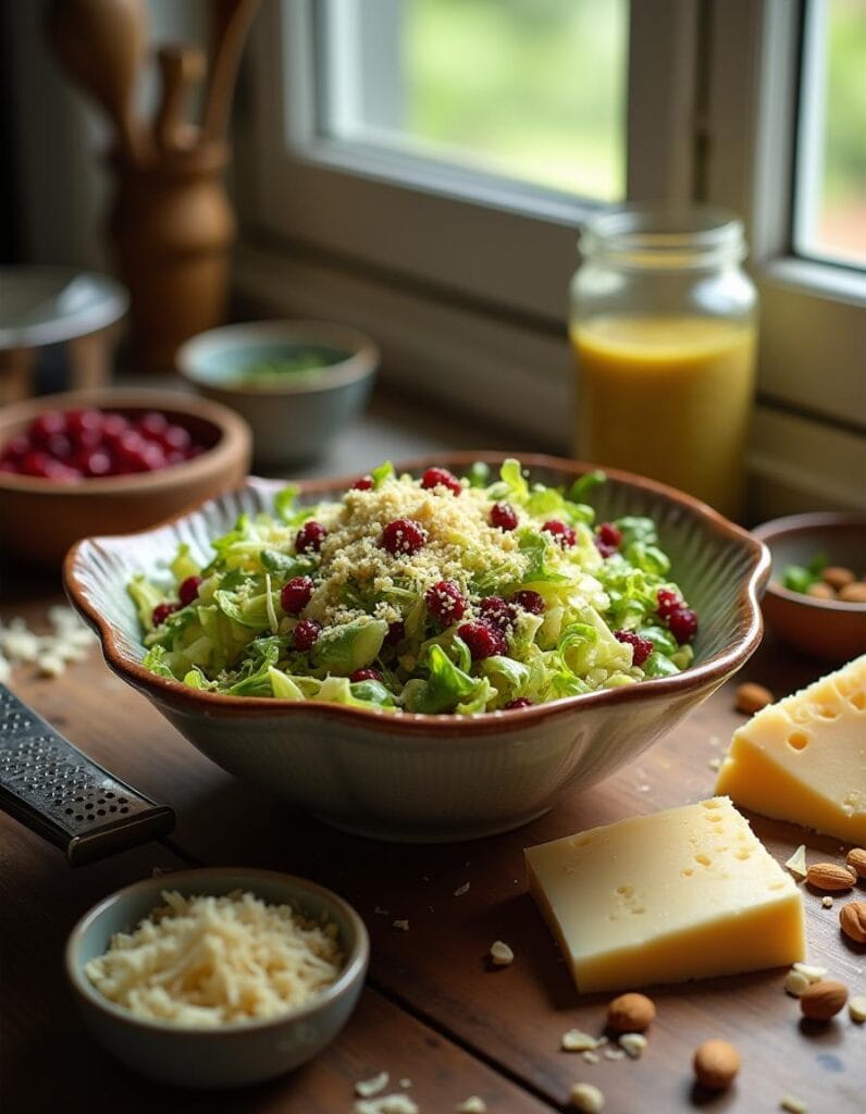 A bowl with shaved Brussels sprouts, dried cranberries, toasted almonds, and Parmesan cheese.