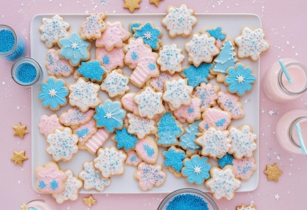 A plate of beautifully shaped Buttery Spritz Cookies, some with sprinkles and some with colored sugar
