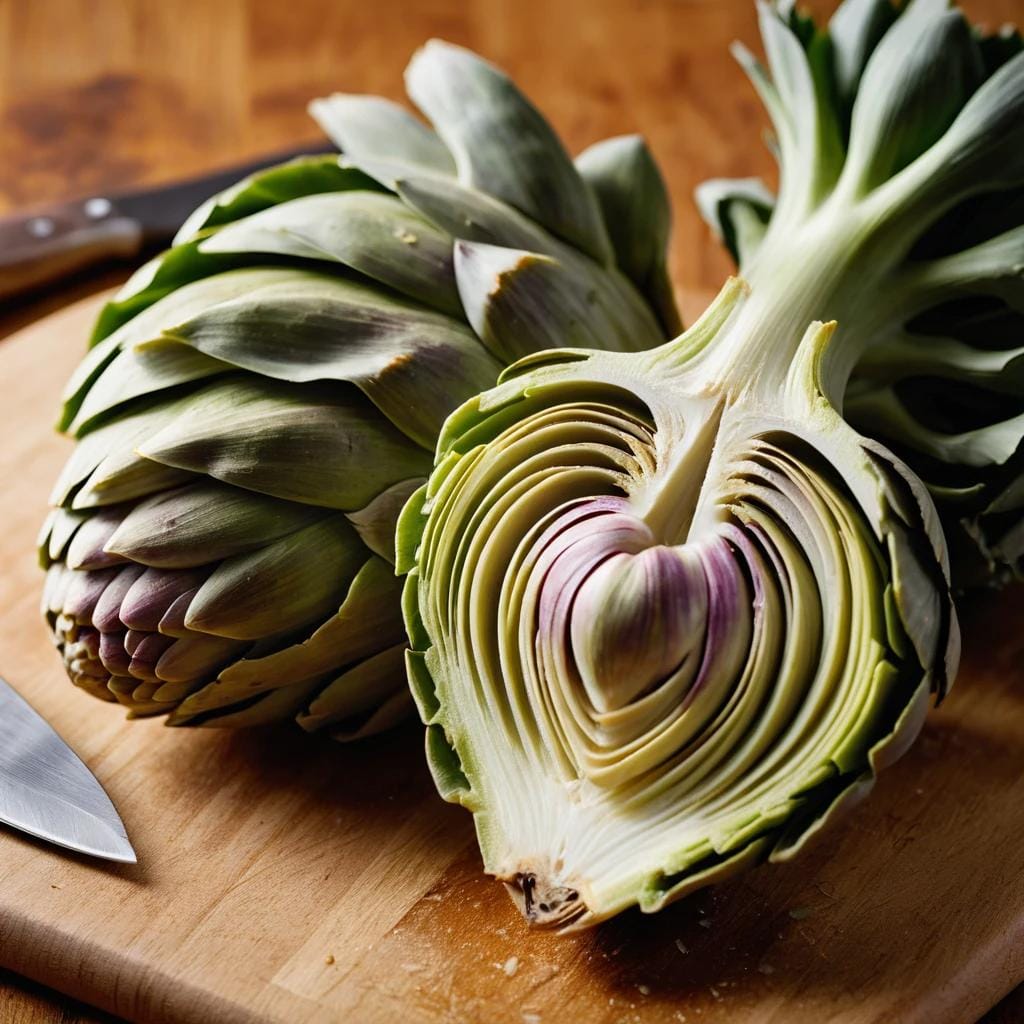 A close-up of the artichoke heart, with the fuzzy choke removed