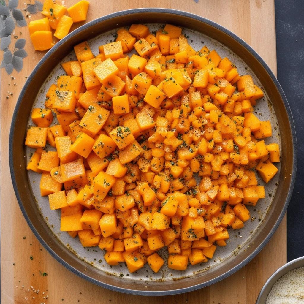 Cubed butternut squash being tossed with olive oil, salt, and pepper on a baking sheet.