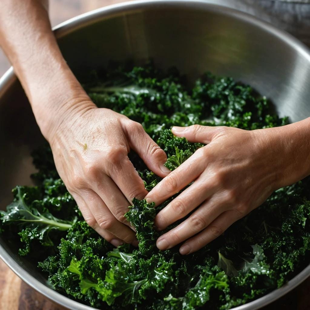 Hands massaging chopped kale with olive oil.