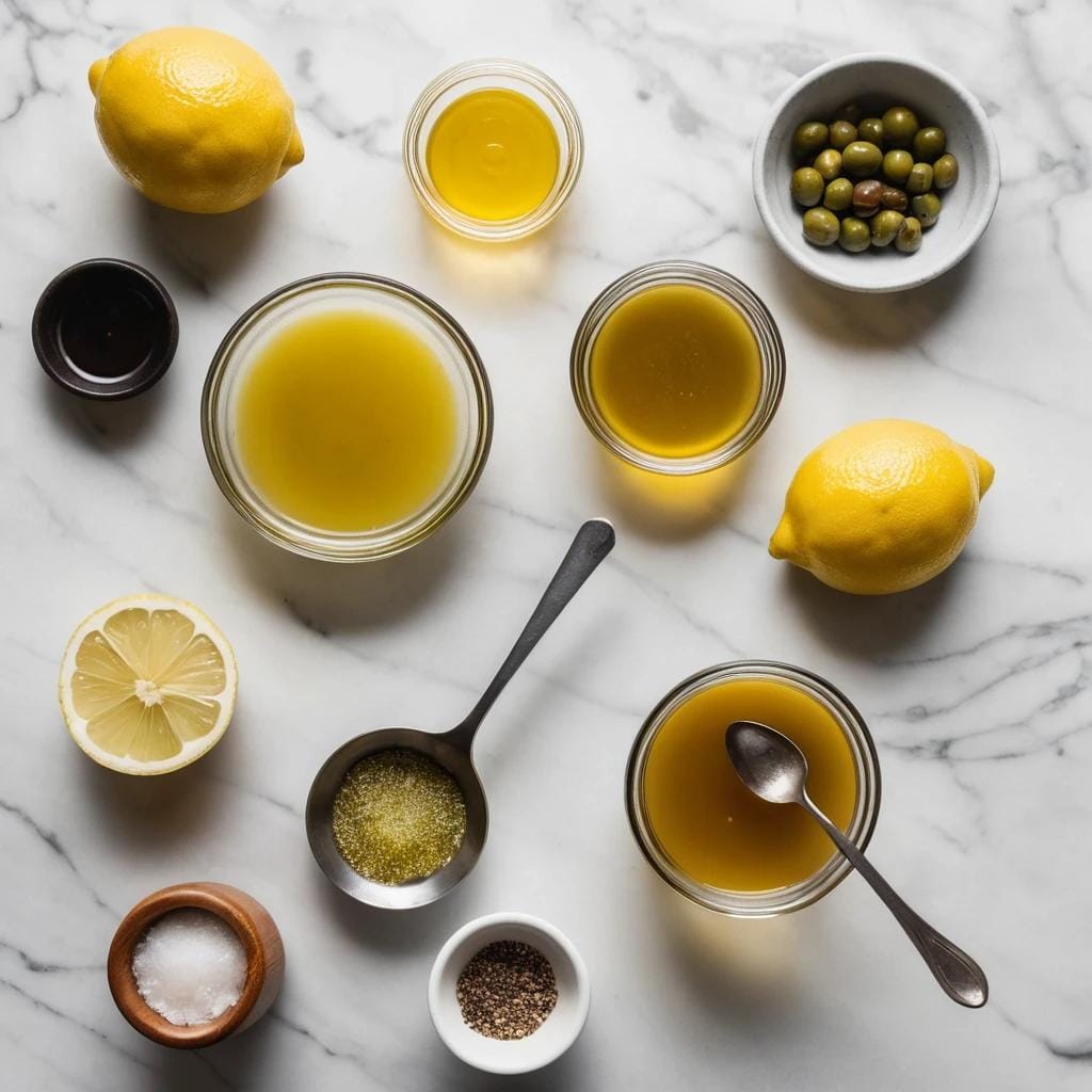 Ingredients for the maple vinaigrette: lemon juice, olive oil, maple syrup, salt, and pepper.