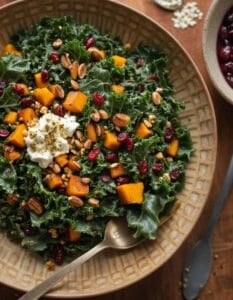 piclumen-1733861741906 A large bowl with kale, roasted butternut squash, goat cheese, cranberries, and pepitas.