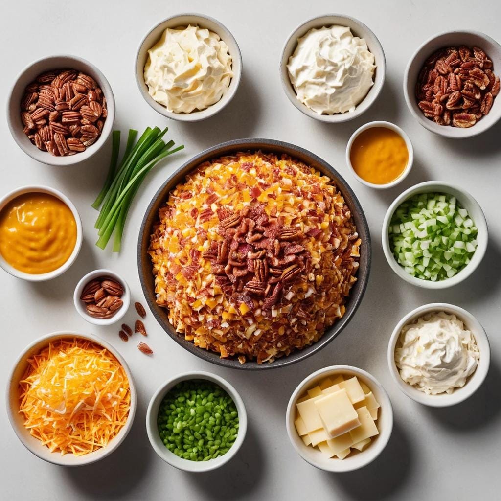 Ingredients for the cheese ball laid out on a counter: cream cheese, cheddar cheese, ranch seasoning, bacon, green onions, and pecans.