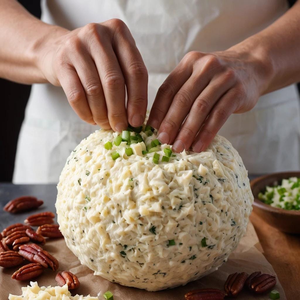 Hands shaping the cheese mixture into a ball.
