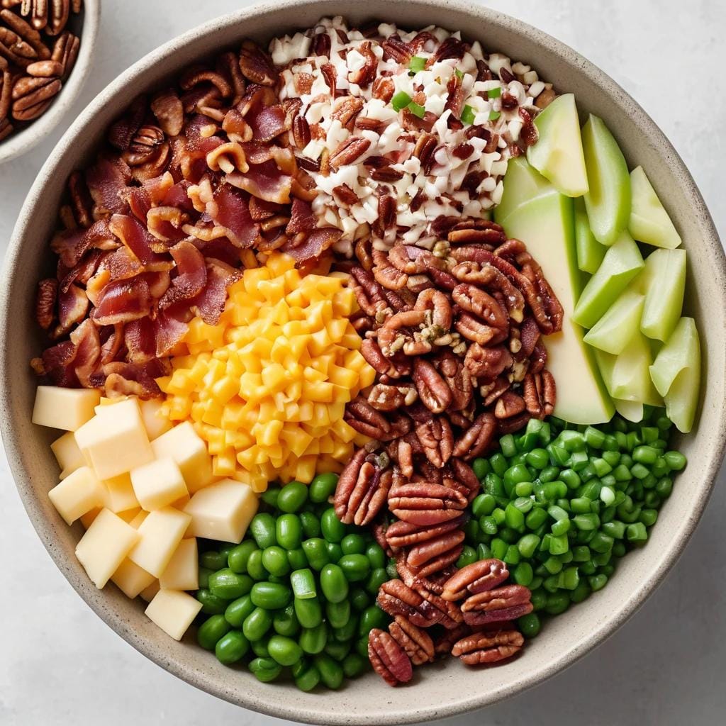 A bowl with the topping ingredients: cooked bacon, green onions, and pecans.