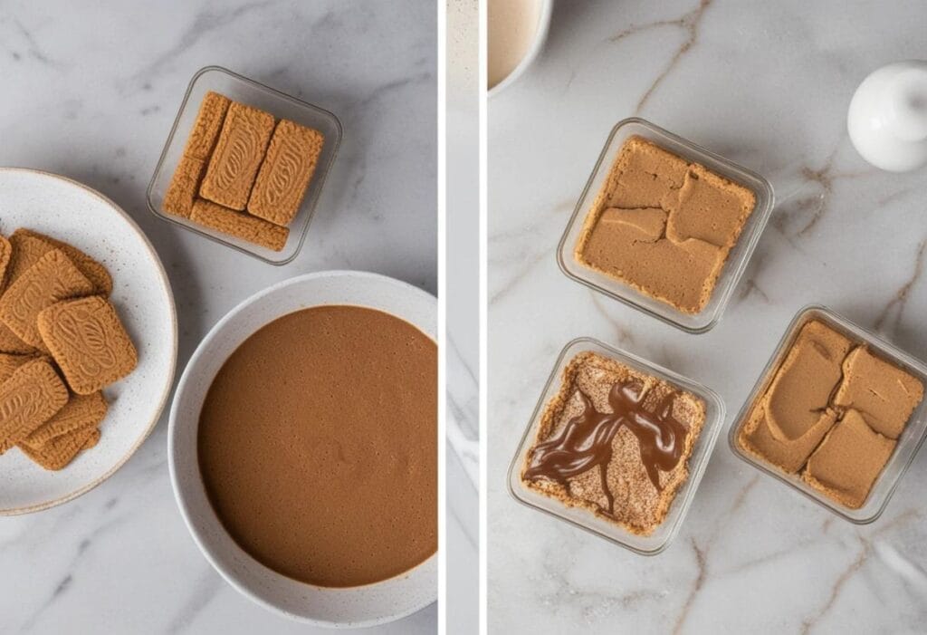 Biscoff cookies being dipped in the coffee mixture and layered in a dish.