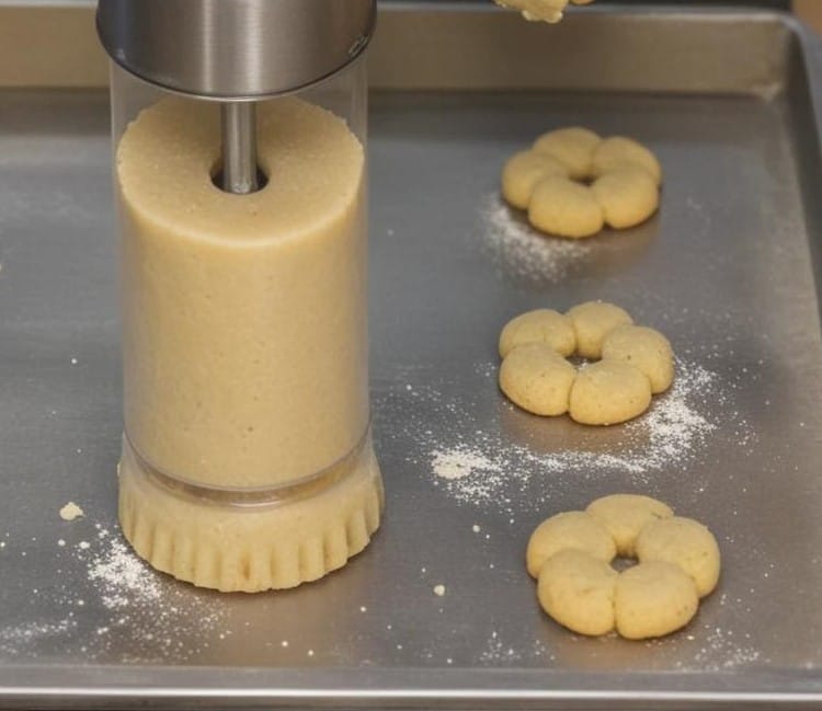 A cookie press filled with dough, pressing out cookies onto a baking sheet.