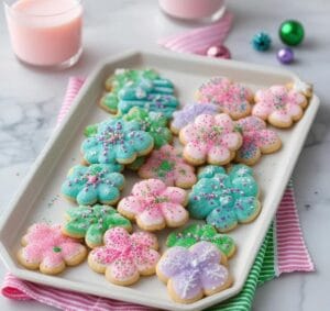 touchs A plate of beautifully shaped Buttery Spritz Cookies, some with sprinkles and some with colored sugar