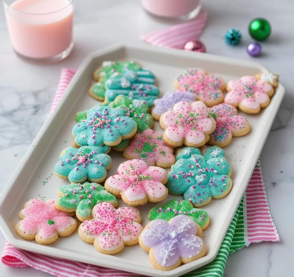 Sprinkles and colored sugar being sprinkled onto the unbaked cookies.