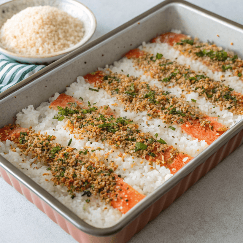 A 9x9-inch baking dish being layered with sushi rice and furikake