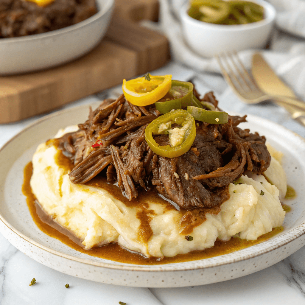 A beautifully plated shredded Mississippi Pot Roast Instant Pot Recipe roast served over mashed potatoes, with golden-brown edges and tender pepperoncini on top.