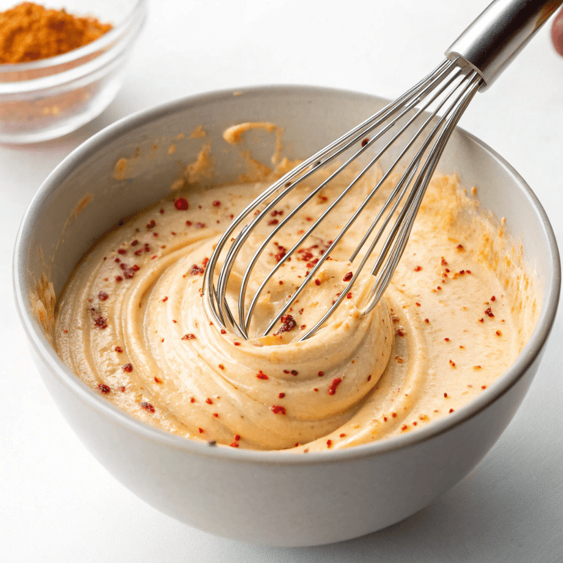 A bowl of spicy mayo being whisked until smooth