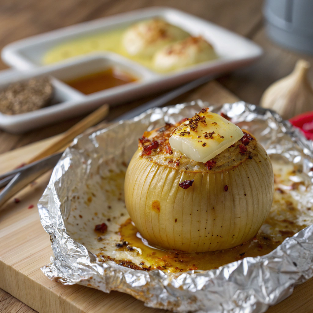 The onion, nestled in aluminum foil, filled with vegan butter and drizzled with Cajun-seasoned olive oil.