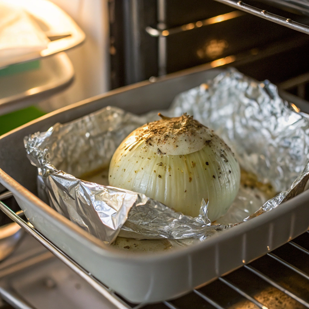 An oven rack with a foil-wrapped onion sitting in a baking dish, ready to roast.