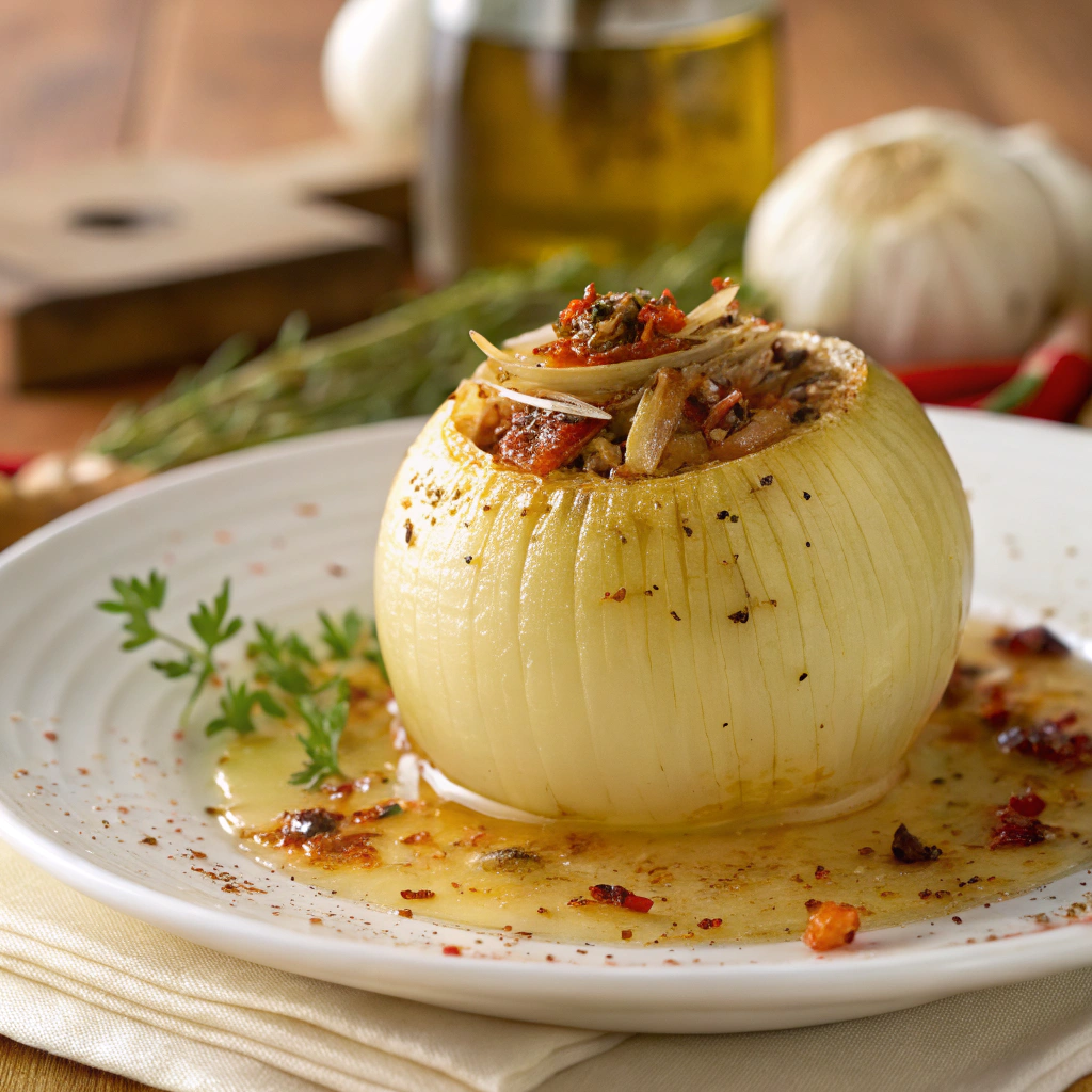 A beautifully Onion Boil, glistening with butter and Cajun seasoning, sits on a rustic wooden plate, ready to be enjoyed.