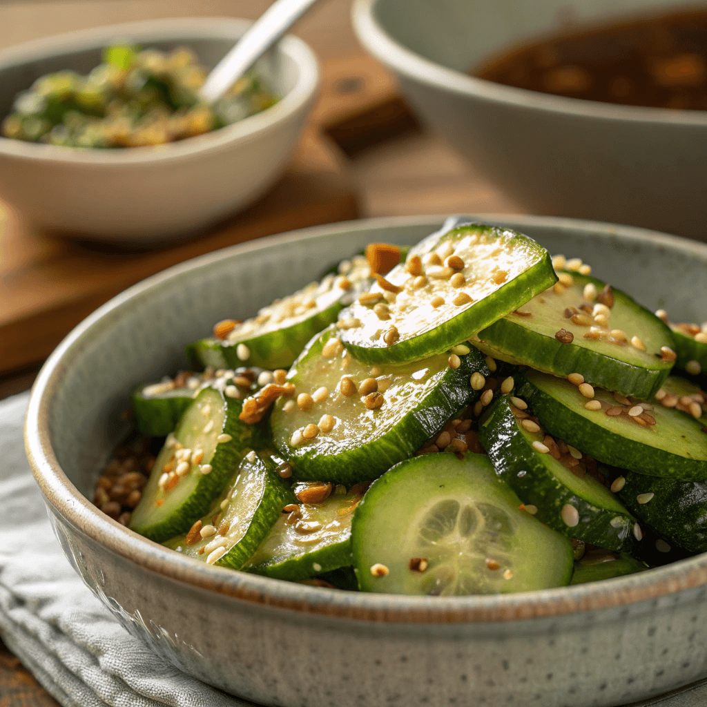 A final presentation of the salad in a serving bowl, sprinkled with sesame seeds.