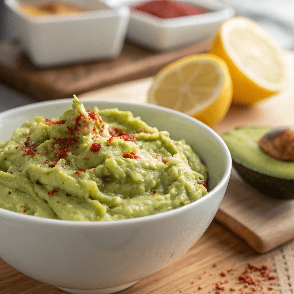 A bowl with mashed avocado mixed with lemon juice and cayenne pepper, ready to be spread.
