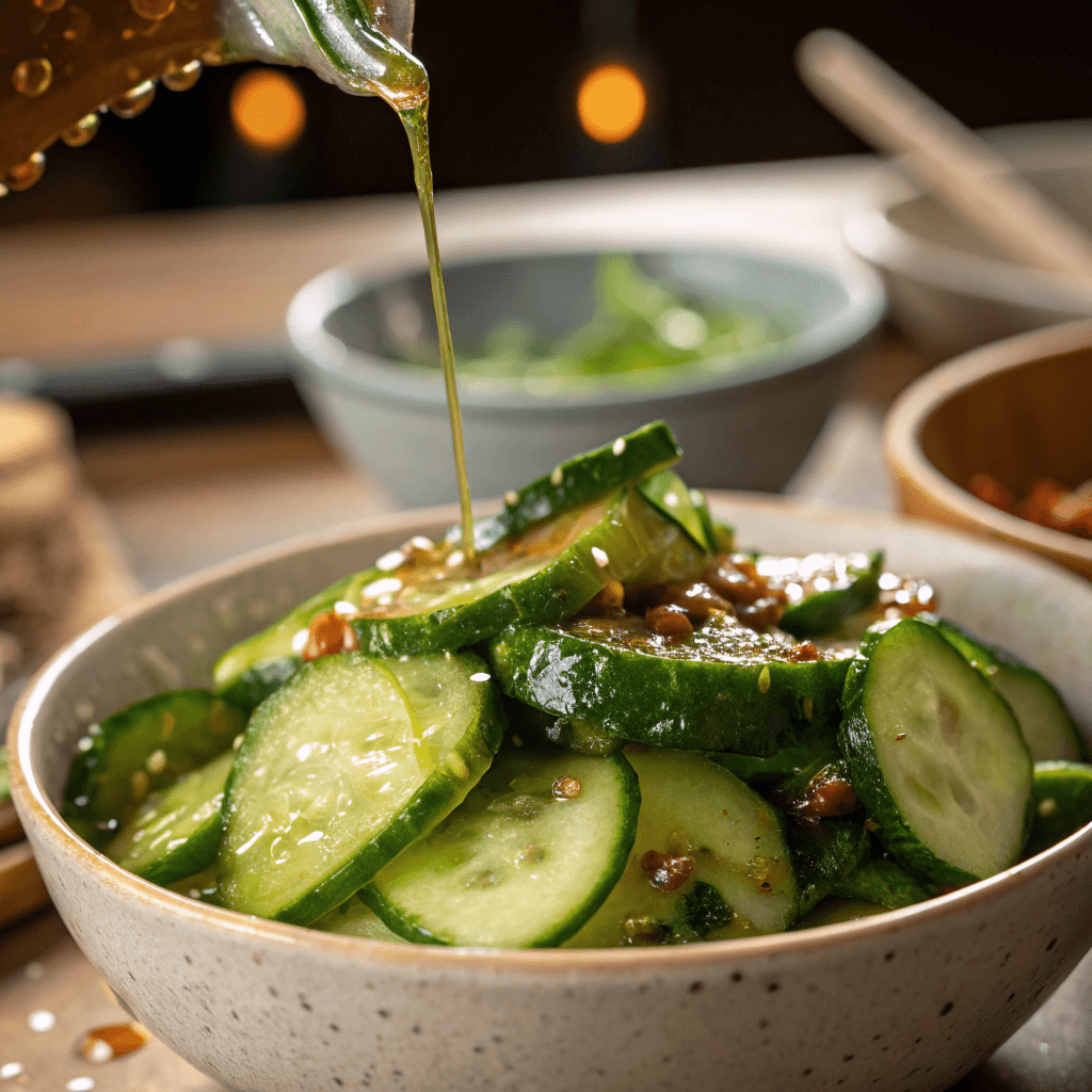 A bowl of cucumbers being tossed with a glossy dressing, capturing the vibrant green hues.