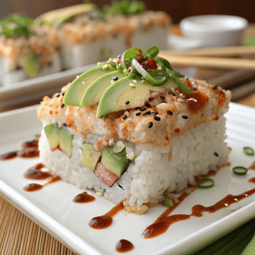 A close-up of a golden-baked Sushi Bake Recipe with avocado, sesame seeds, and spicy mayo drizzled on top