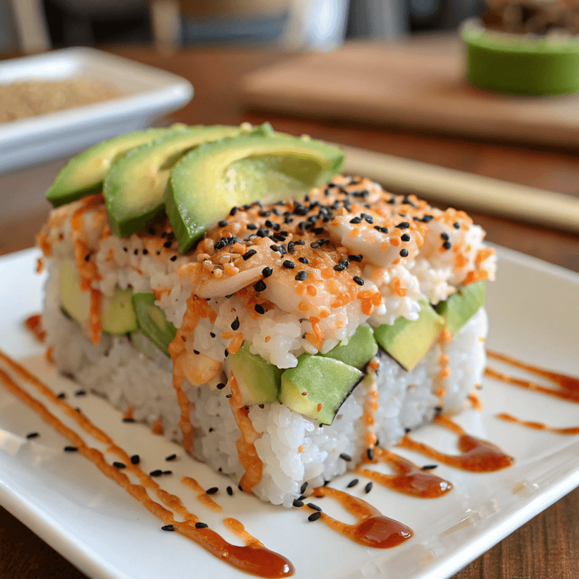 A finished Sushi Bake topped with avocado, sesame seeds, and spicy mayo
