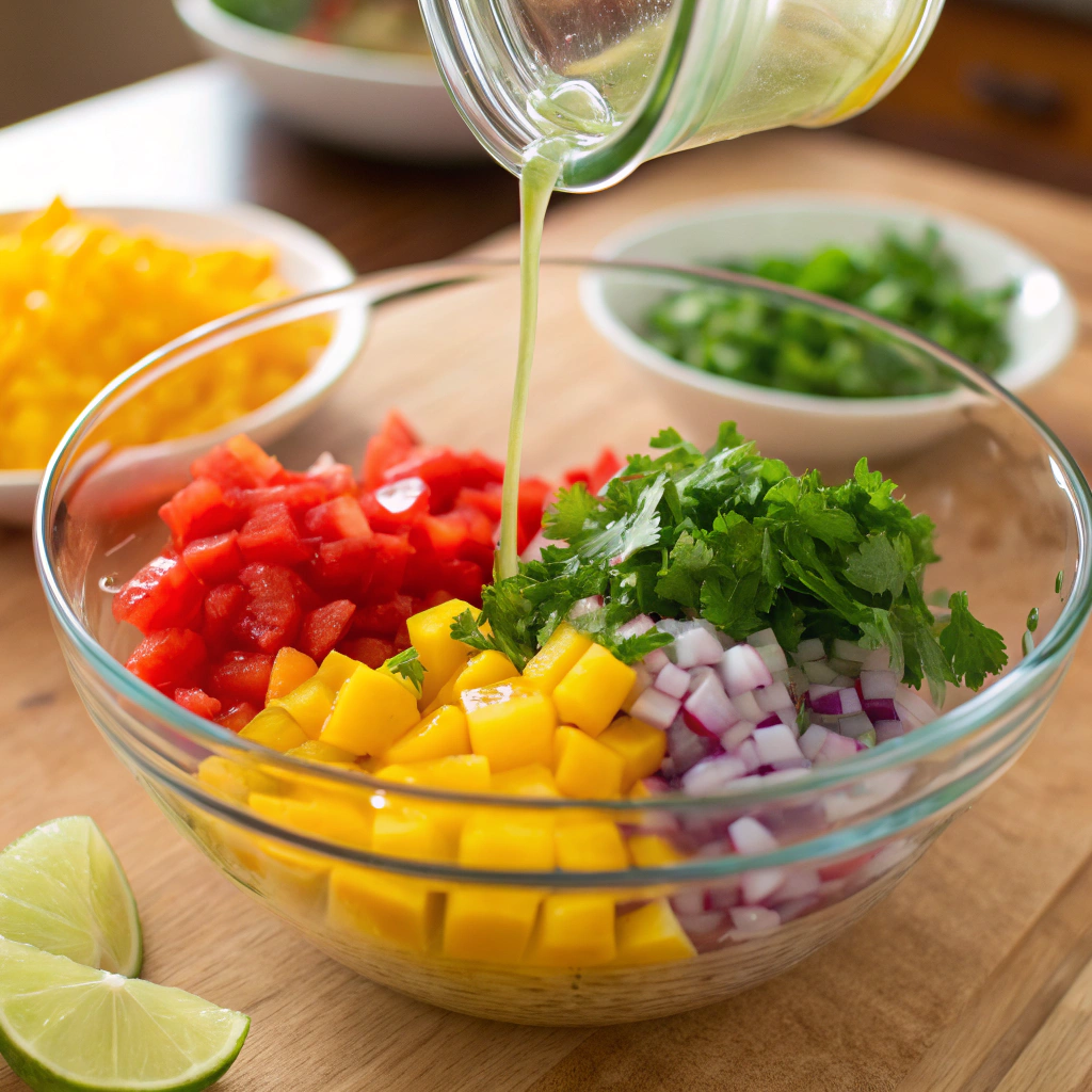 A glass bowl filled with colorful diced ingredients, as lime juice is being drizzled on top.