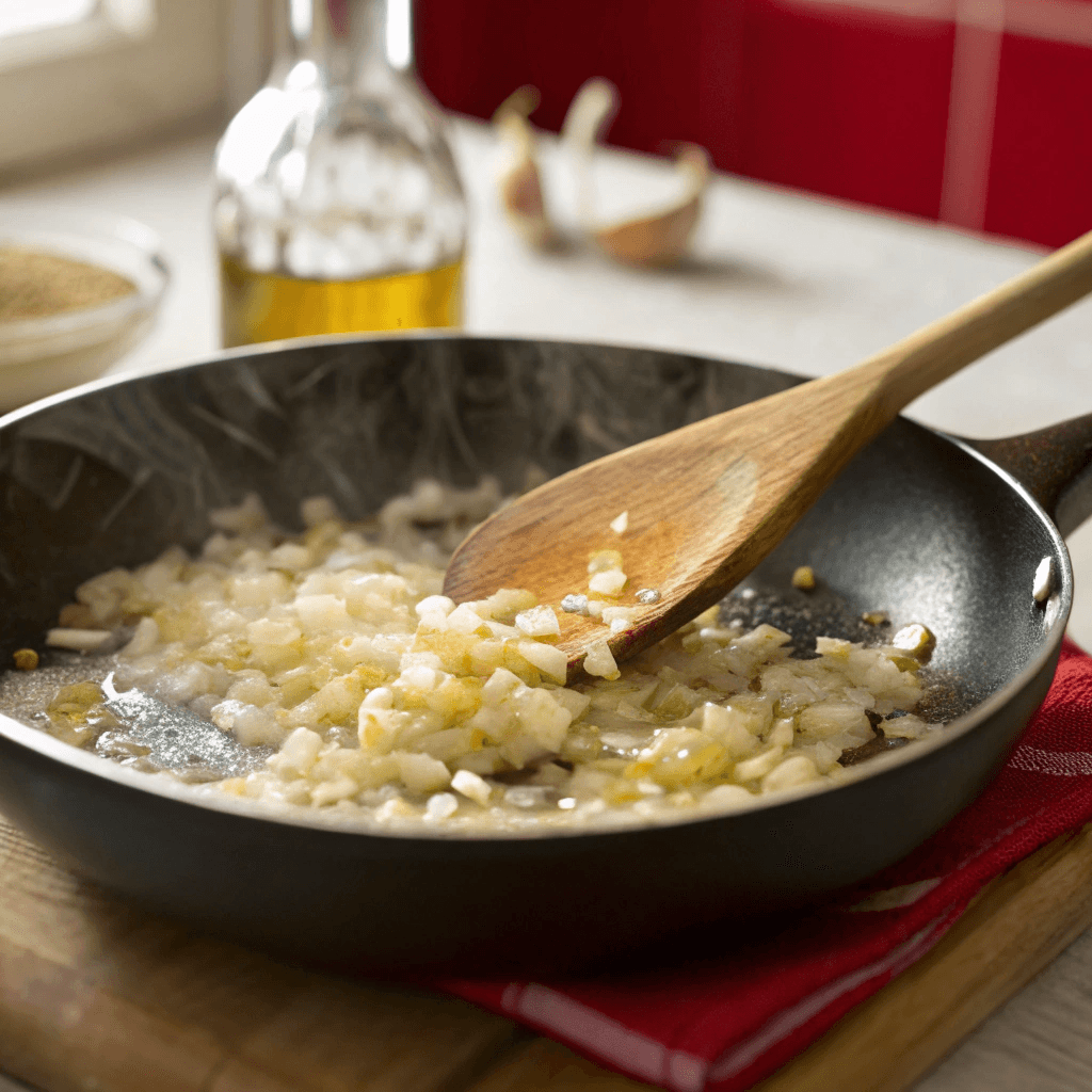 A pan with sizzling butter, onions turning translucent, and minced garlic being stirred in with a wooden spoon.