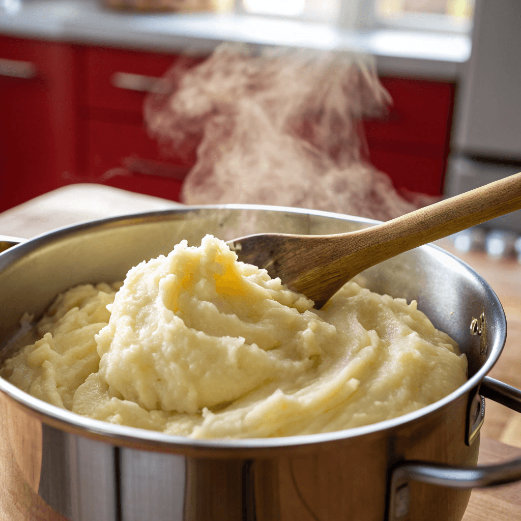 A saucepan with steaming mashed potatoes being mixed with a wooden spoon.