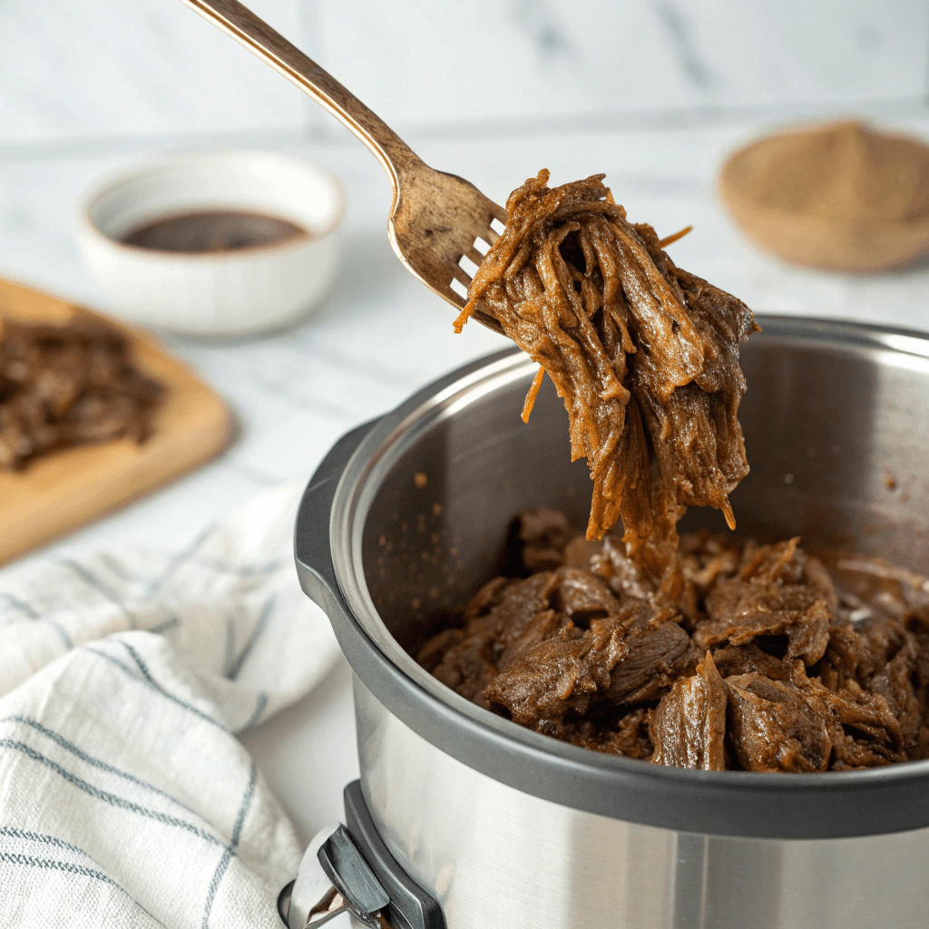 A serving fork lifting shredded beef from the Instant Pot, drenched in rich sauce.