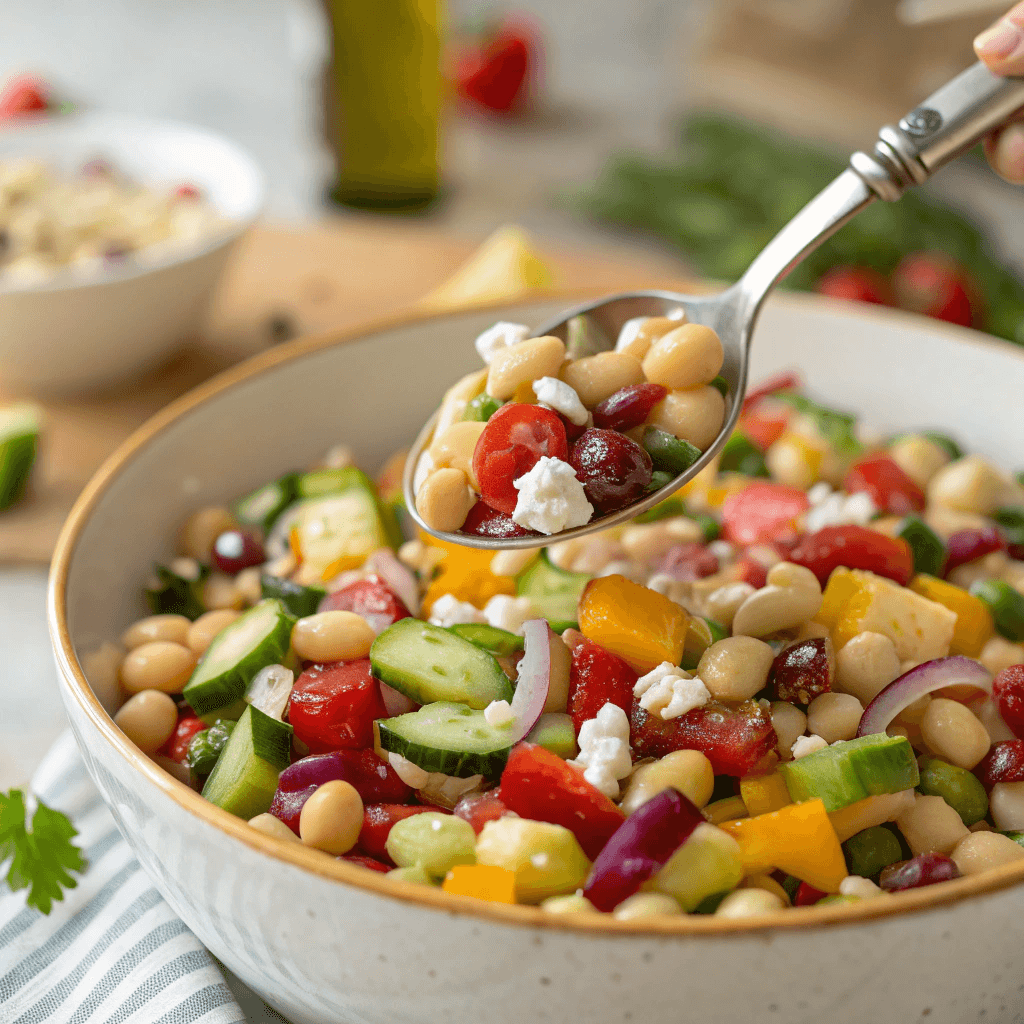 A serving spoon tossing the vibrant bean salad in a large bowl, coated in the golden dressing.
