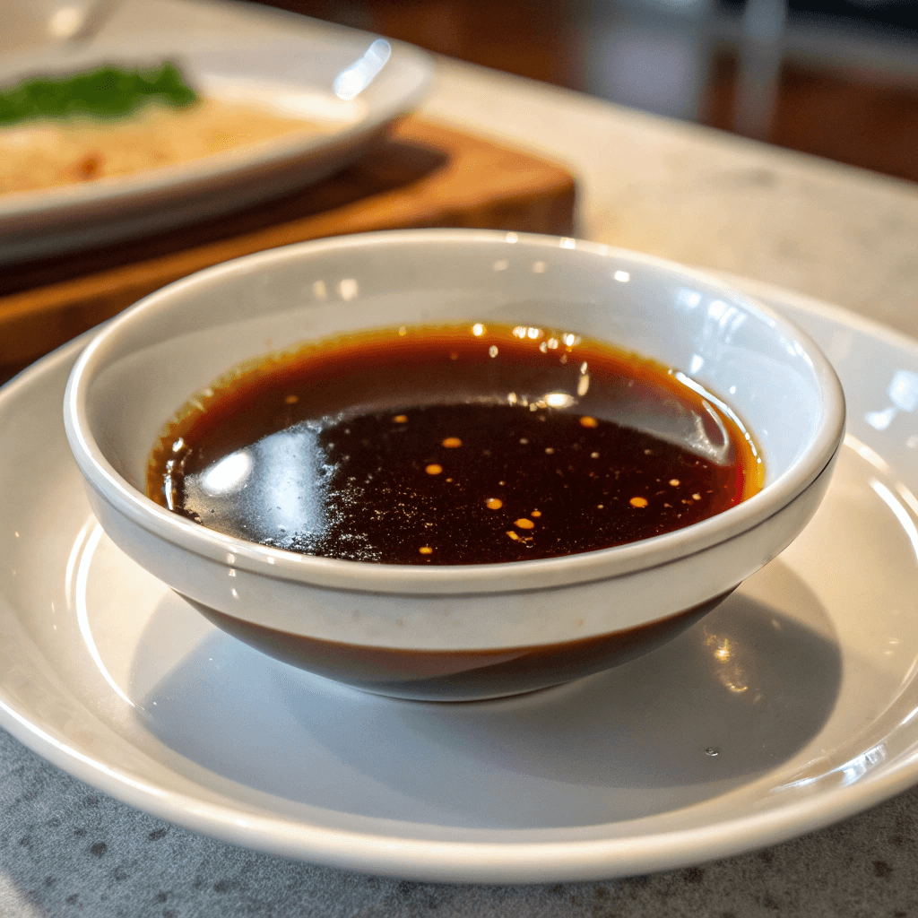 A small bowl with a mix of soy sauce, rice vinegar, and sesame oil, surrounded by fresh ingredients.
