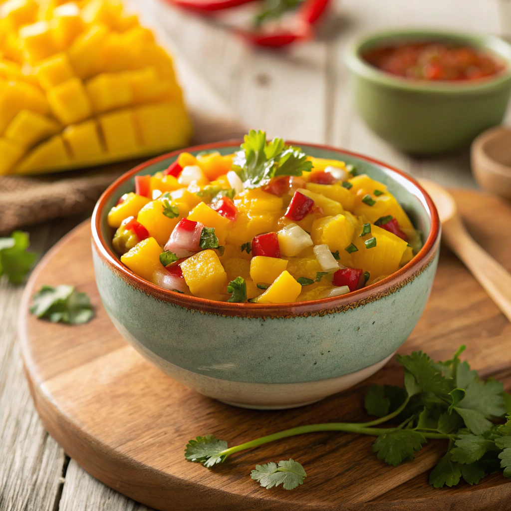 A vibrant bowl of mango habanero salsa, bursting with golden mango chunks, red bell pepper, and fresh cilantro, served with crispy tortilla chips on a rustic wooden platter.