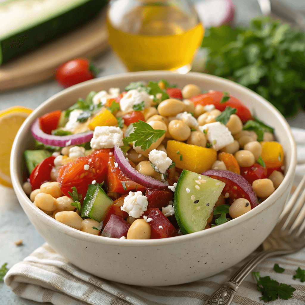 A vibrant bowl of Mediterranean Dense Bean Salad featuring colorful diced vegetables, beans, and crumbled vegan feta, all tossed in a golden, zesty dressing.
