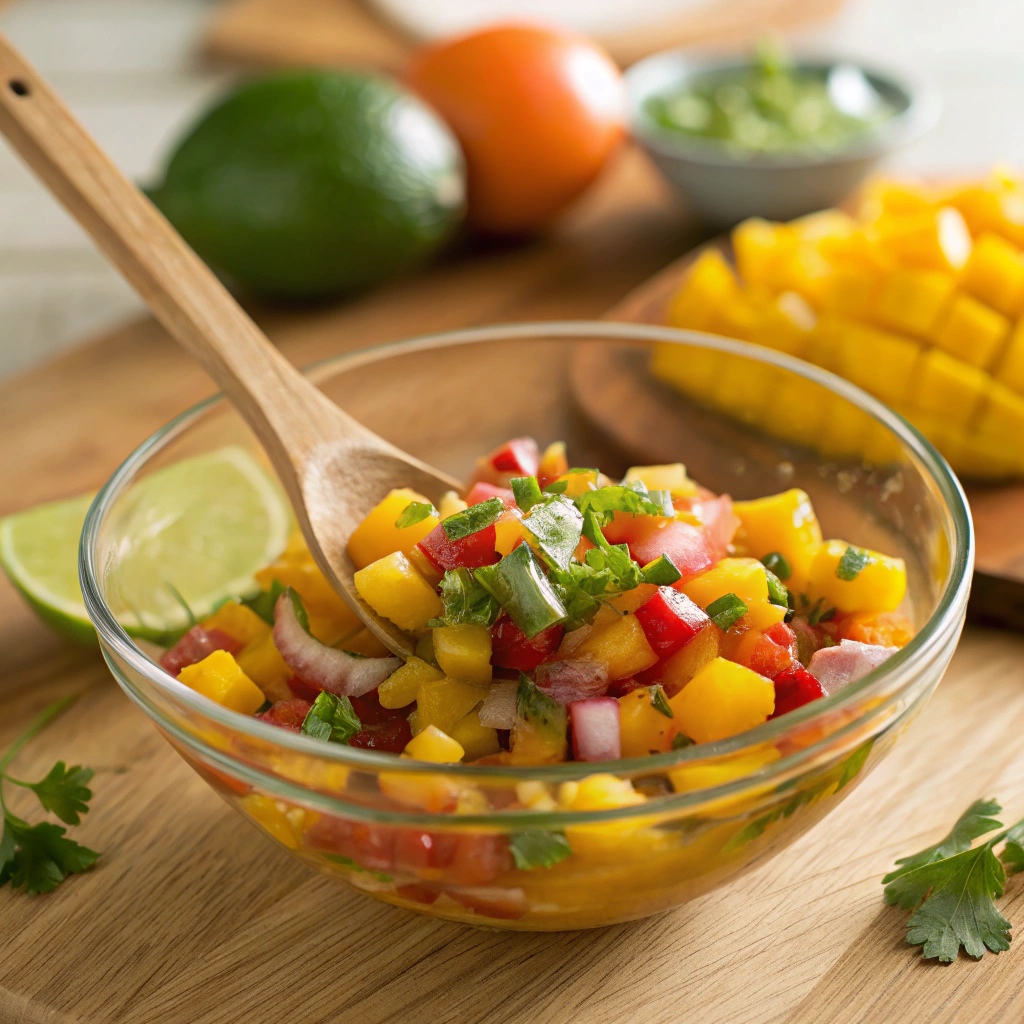 A wooden spoon stirring the salsa, ensuring all ingredients are well coated.