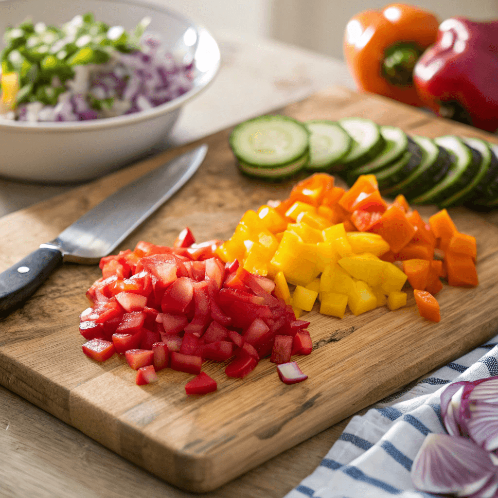 A close-up of freshly diced bell peppers, cucumbers, and red onions on a wooden cutting board, with a sharp knife beside them.