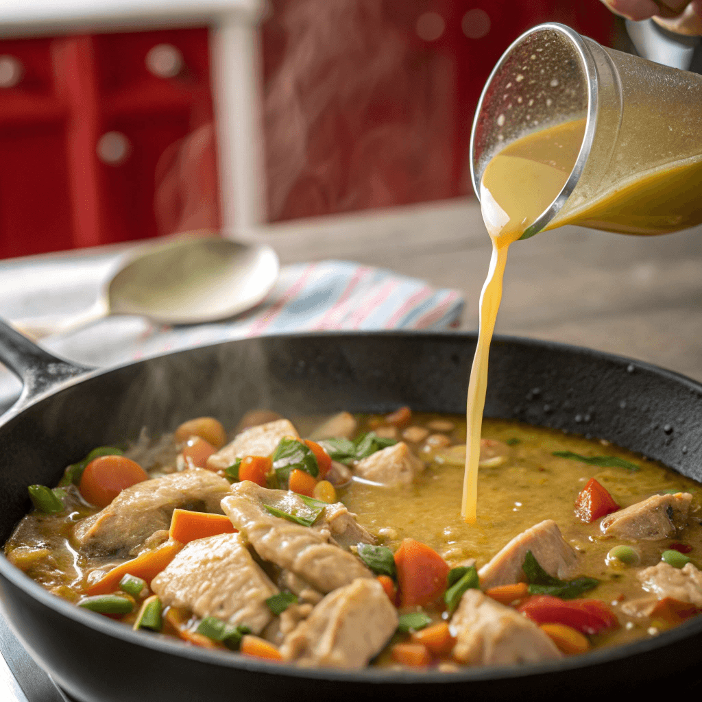 Chicken broth being poured into the pan, creating a velvety gravy coating the vegetables and chicken.