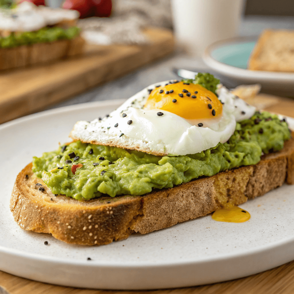 Toasted multigrain bread spread with mashed avocado, topped with a fried egg, and seasoned with black pepper.